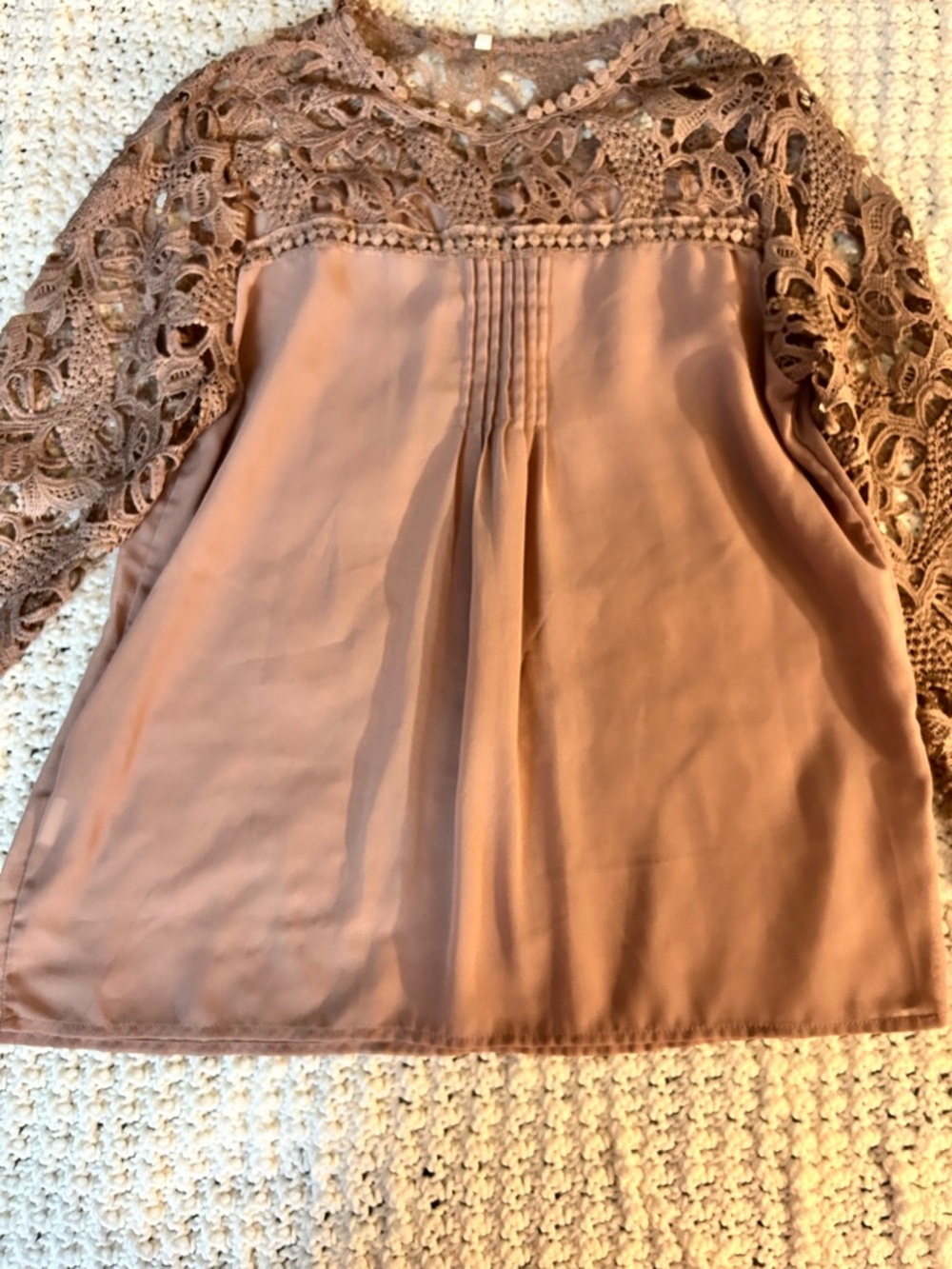 Women's Taupe Lace Yoke Long-Sleeve Blouse - Picture 7 of 16